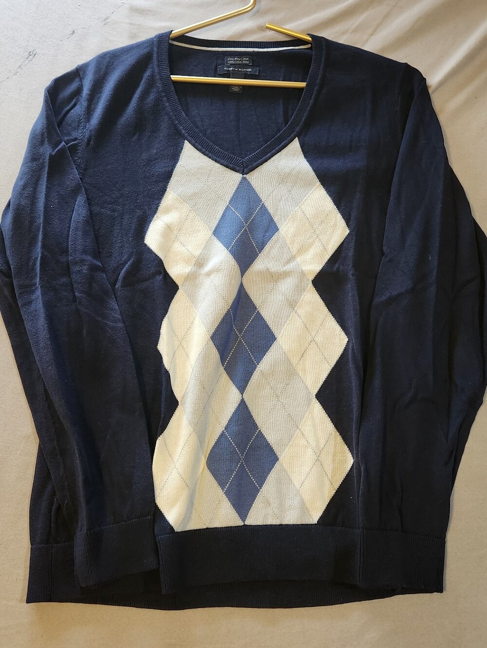 Men's Navy Argyle V-Neck Sweater Pima Cotton